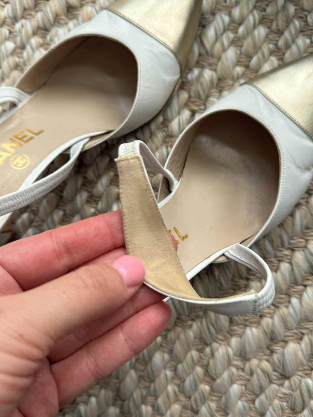 Chanel Vintage Cap-Toe White & Gold Slingback Heels - Picture 9 of 16